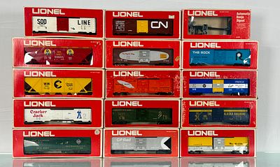 14 Lionel Model Train Rolling Stock and One Automatic Banjo Signal. A collection of Lionel model 