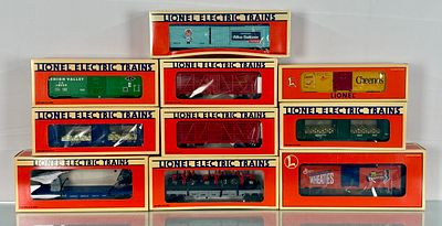 10 Lionel O-Gauge Model Freight Cars in Original Boxes. A group of 10 Lionel O-Gauge model 