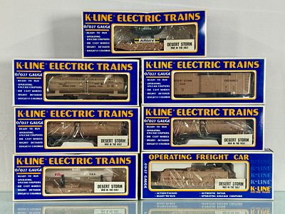 7 K-Line 'Desert Storm' military cars. 2x K6335, K6644, K5134, K6652, K7305, K5417. Original 