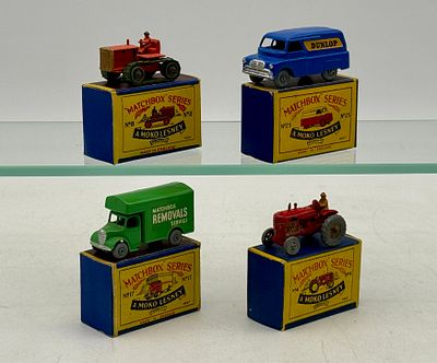 Four Moko Lesney Matchbox Die-Cast Toy Vehicles. 4A1 MH Tractor, 25A1 Dunlap van, 17A4 Bedford 