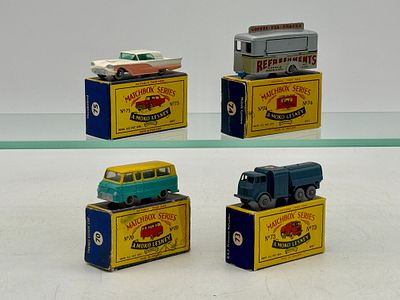 Four Matchbox Moko Lesney Vehicles. 70A4 Ford Thames Estate, 73A1 Pressure Refueler, 74A8 Mobile 