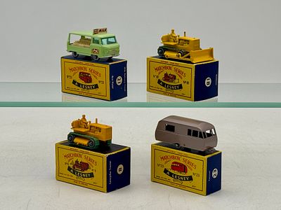 Four Matchbox Lesney Die-Cast Vehicles. 21C5 Commer Milk Float, 23C2 Bluebird Trailer, 8C1 