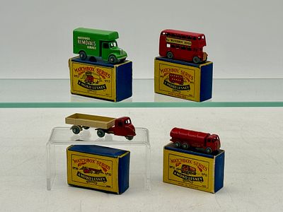 Four Matchbox Moko Lesney Vehicles. 5B1 London bus, 10B1 Mechanical Horse and Trailer, 11A4 Road 