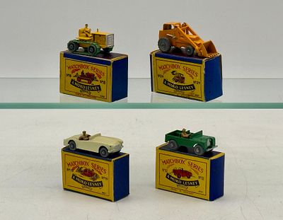 Four Matchbox Moko Lesney Vehicles. 8A3 Caterpillar Tractor, 12A1 Land Rover, 19B3 MGA sports 