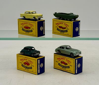 Four Matchbox Moko Lesney Vehicles. 45A5 Vauxhall Victor, 46A2 Morris Minor, 53A2 Aston Martin 