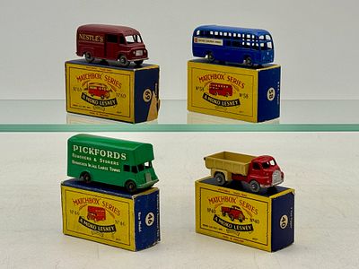 Four Matchbox Moko Lesney Vehicles. 48A2 Bedford Tipper, 46B7 Pickford Removal Van, 58A2 BEA 