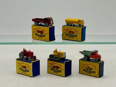 Five Matchbox Moko Lesney Vehicles. 4A1 MH Tractor, 6A1 Quarry Truck, 8A3 Caterpillar Tractor 