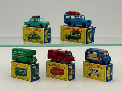 Five Matchbox Vehicles. 12C3 Land Rover, 46B7 Pickford's Removals, 47B2 Commer Ice Cream Van 