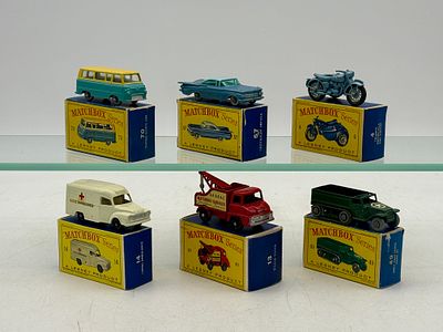 Six Matchbox Vehicles. 4C1 Triumph Motorcycle, 13C4 Thames Wrecker, 14C3 Lomas Ambulance, 49A4 