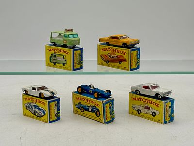 Five Matchbox Lesney Diecast Cars. 8E1 Ford Mustang, 20C4 Chevrolet taxi, 21C8 Commer Milk float 