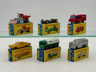 Six Matchbox Vehicles. 16C1 Scammel Snowplow, 19D4 Lotus, 20C3 Chevrolet Taxi, 32C1 Leyland 