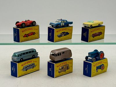 Six Matchbox Vehicles. 23C2 Bluebird Trailer, 39B8 Pontiac Convertible, 40B3 Leyland Coach, 55B4 