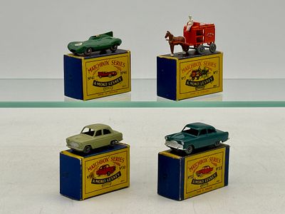 Four Moko Lesney Matchbox Vehicles. 7A2 Horse Drawn Milk Float, 30A1 Ford Prefect , 41A3 Jaguar 