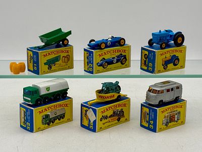Six Matchbox Vehicles. 32C2 Leyland Tanker, 34D1 Volkswagen Camper, 38C3 Honda Motorcycle and 