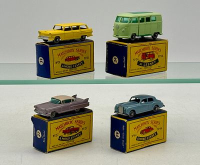 Four Matchbox Moko Lesney Vehicles. 27C5 Cadillac, 31A2 Ford wagon, 34B2 Volkswagen Camper, 44A2 