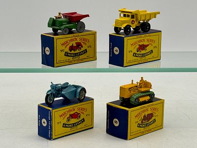 Four Matchbox Moko Lesney Vehicles. 2B2 Dumper, 4C1 Triumph Motorcycle, 6B2 Quarry Truck , 8B1 