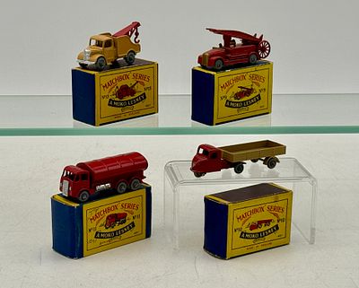 Four Matchbox Moko Lesney Vehicles. 9A1 Dennis Fire Escape, 10B2 Mechanical Horse, 11B3 Road 