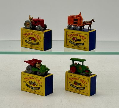 Four Matchbox Moko Lesney Vehicles. 1A1 Road Roller, 2B2 Dumper, 4B1 MH Tractor, 7A3 Horse Drawn 