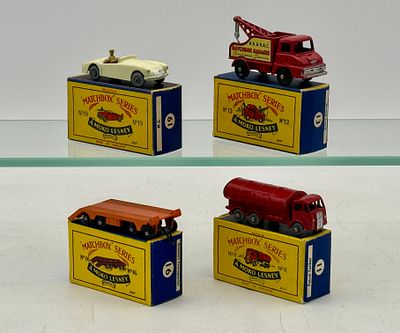 Four Matchbox Moko Lesney Vehicles. 11B3 Road Tanker with decal chips, 13C3 Thames Wrecker, 16B3 
