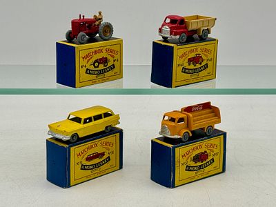 Four Matchbox Moko Lesney Vehicles. 4B1 MH Tractor, 31A1 Ford Wagon, 37A2 Coca-Cola Lorry, 40A1 