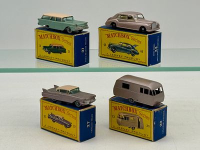 Four Matchbox Vehicles. 23C2 Bluebird Trailer, 27C4 Cadillac, 31B8 Ford Wagon, 44B5 Rolls-Royce 