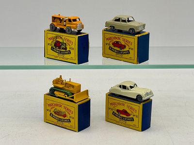 Four Matchbox Moko Lesney Vehicles. 18B1 Caterpillar Tractor, 28A1 Bedford Truck, 30 A1 Ford 