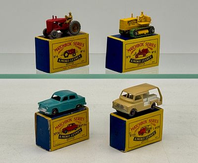 Four Matchbox Moko Lesney Vehicles. 4B1 MH Tractor, 8B1 Caterpillar Tractor, 29A2 Bedford Milk 