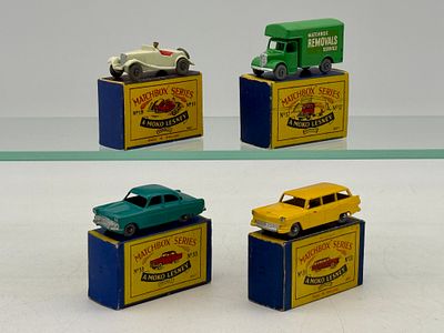 Four Matchbox Moko Lesney Vehicles. 17A4 Bedford Removals, 19A2 MG Sports Car, 31A2 Ford Wagon 