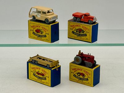 Four Matchbox Moko Lesney Vehicles. 4A1 MH Tractor, 15A2 Prime Mover, 16A1 Atlantic Trailer 