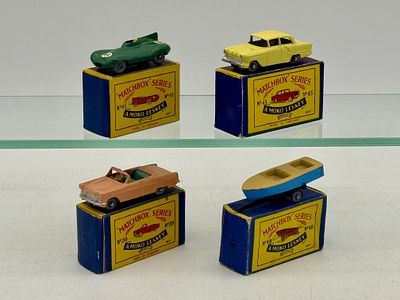 Four Matchbox Moko Lesney Vehicles. 39A2 Ford Zodiac, 41A2 Jaguar D type, 45A3, Vauxhall Victor 