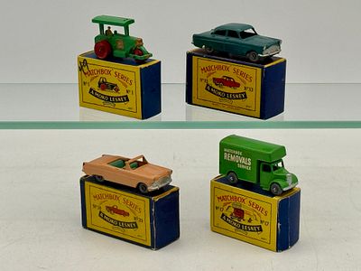 Four Matchbox Moko Lesney Vehicles. 1A2 Road Roller, 17B1 Bedford Removals, 33A4 Ford Zodiac 