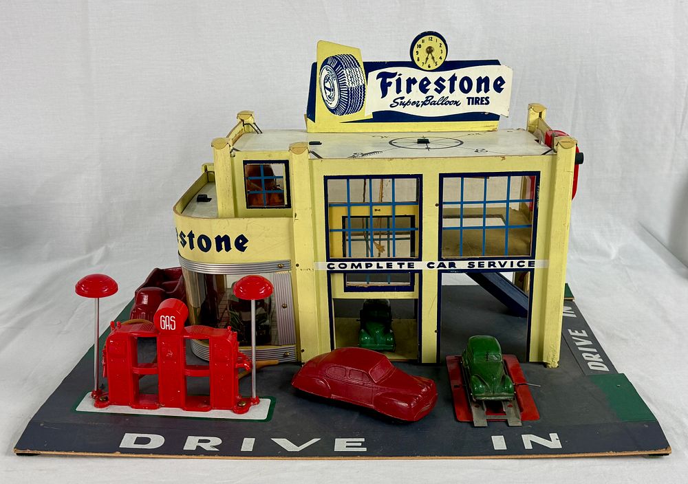 Lot 348: Keystone 1940s Firestone Service Station Playset with Cars