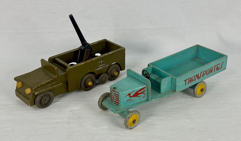 Lot 417: Two Vintage Wooden Toy Vehicles: Buddy L Combat Car & Transportes Truck