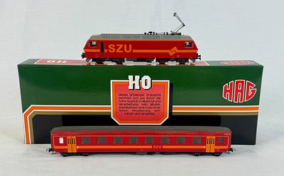 A Pair of HAG HO Scale SZU Model Train Units Re 4/4 Locomotive and Coach No. 189 Boxed. This lot 