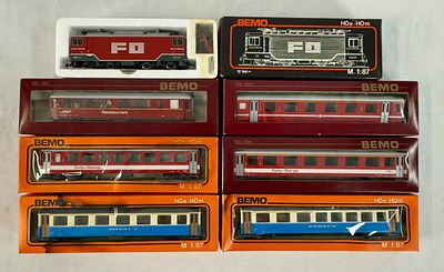 7 BEMO H0e/H0m Scale Furka-Oberalp and MOB Model Train Items. A collection of seven BEMO model 