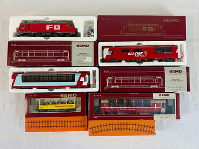 7 Bemo H0m Scale Swiss Narrow Gauge Model Railway Rolling Stock and Track. This collection of 