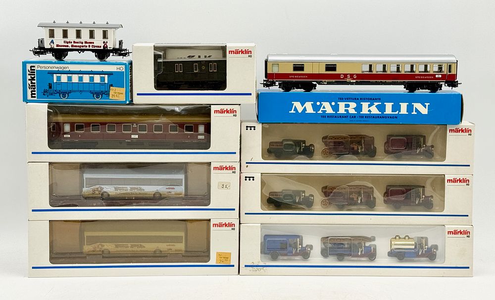 Lot 275: A Collection of Ten Märklin HO Scale Model Train Rolling Stock and Vintage Vehicle Sets
