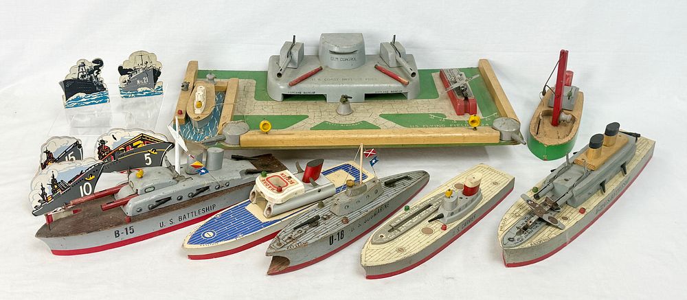 Lot 326: Keystone Manufacturing Co. Painted Wood Naval Vessels and Coast Defense Fort Playset