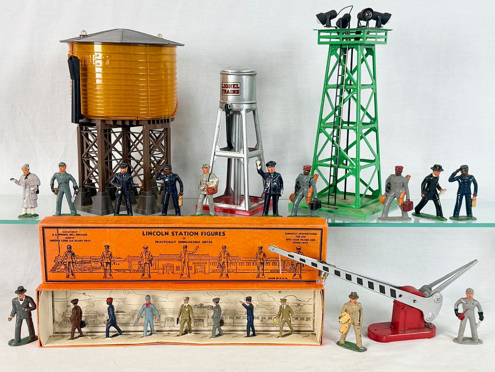 Lot 367: A Group of Vintage Lionel Train Accessories and Lincoln Station Figures with Original Boxes