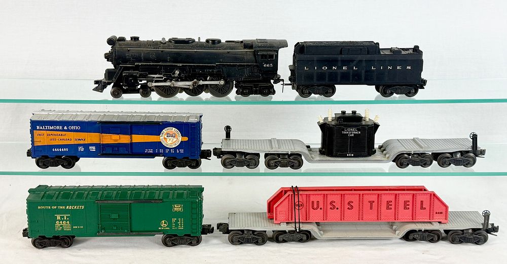 Lot 400: A Collection of Lionel Postwar O-Gauge Model Train Cars and No. 665 Steam Locomotive