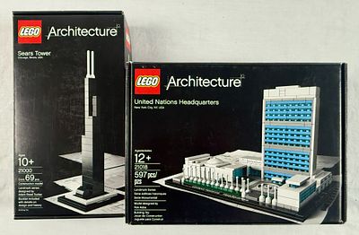 A Pair of LEGO Architecture Landmark Series Sears Tower 21000 & United Nations Headquarters 21018. 
