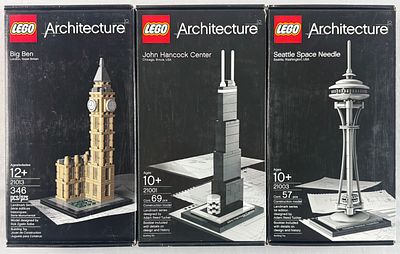 Three LEGO Architecture Building Sets: Big Ben 21013, John Hancock Center 21001, and Seattle 