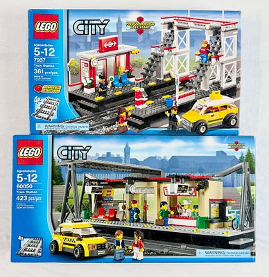 A Pair of LEGO City Train Station Construction Sets, 7937 and 60050. A pair of LEGO City train 