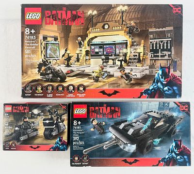Three LEGO DC The Batman Building Sets Including Batcave 76183 Batmobile 76181 and Motorcycle 