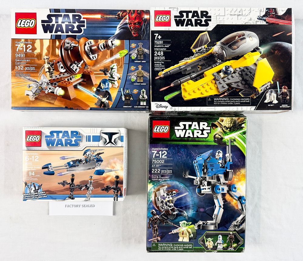 Lot 153: A Group of four LEGO Star Wars Building Sets including Geonosian Cannon, Anakin's Jedi Interceptor, AT-RT, and Assassin Droids Battle Pack 75281, 75002, 9491, 8015