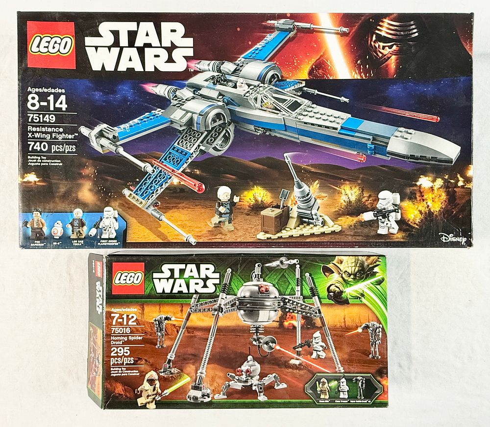 Lot 250: A Pair of LEGO Star Wars Building Sets Resistance X-Wing Fighter 75149 and Homing Spider Droid 75016
