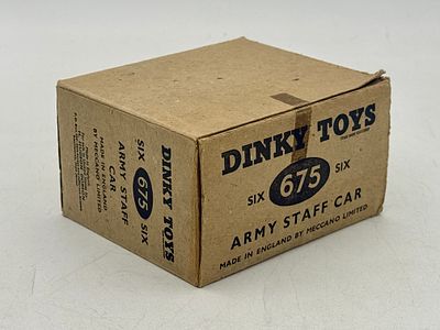 6 Dinky Toys No. 675 Army Staff Cars in trade box. Manufactured in England by Meccano Limited 
