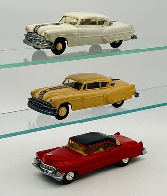 3 AMT Promotional American Model Cars. AMT 1955 red Cadillac with interior friction working. AMT 