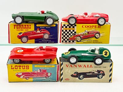 A Set of 4 Clifford Series and Mak's Racing Cars. This collection includes four friction-powered 