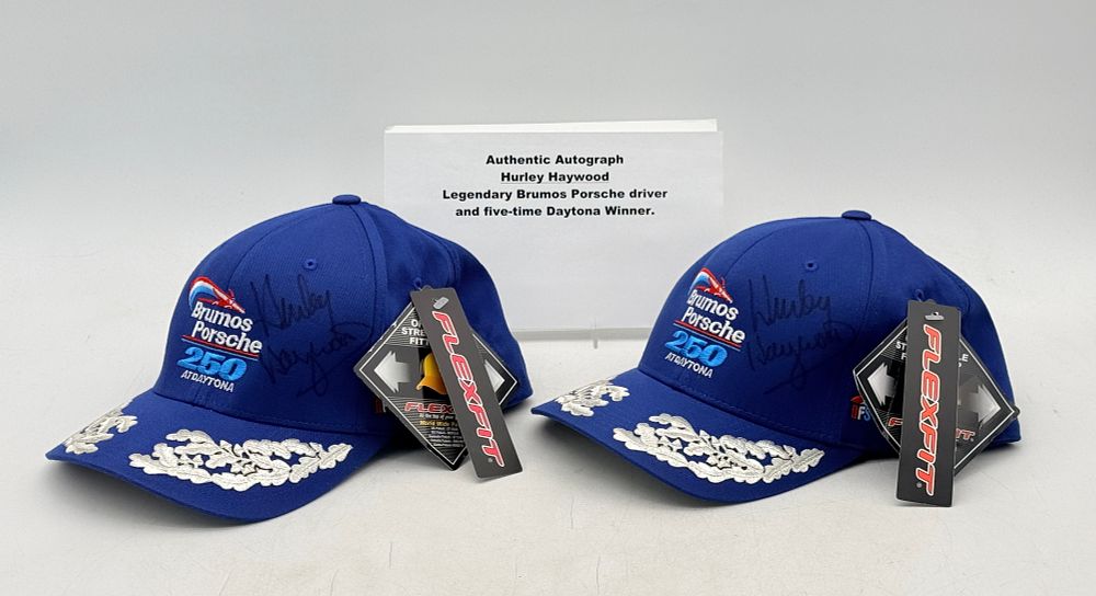 Lot 378: A Pair of Hurley Haywood Autographed Brumos Porsche Baseball Caps